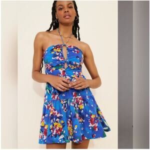 NWT Anthropolgie Womens Large Blue Emily Halter Mini Dress Floral Boho Gyspy